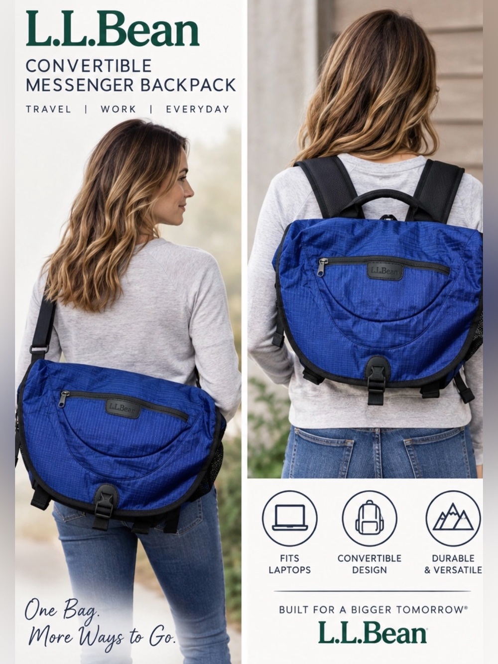 L.L.Bean Convertible Backpack Messenger Bag Blue Black Padded Travel Commuter.